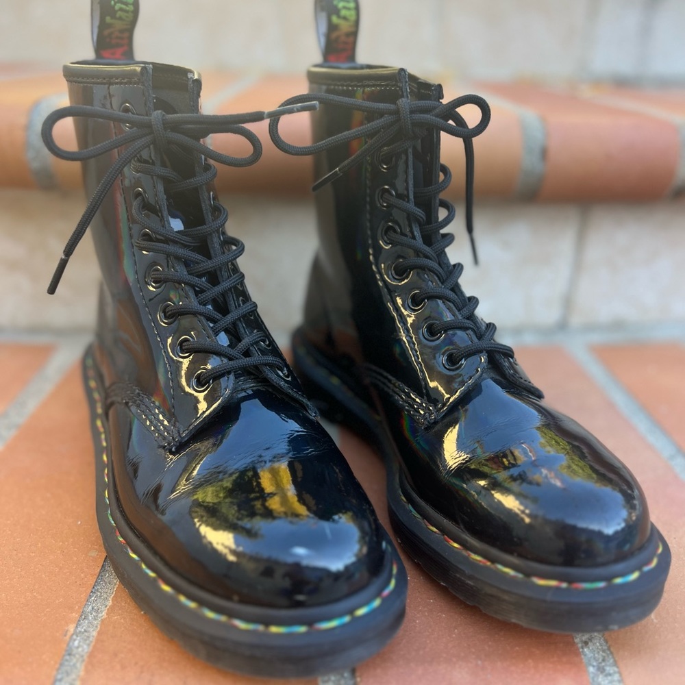 Dr. Martens Black Patent Lace-Up Combat Boots with Multicolor Welt Stitch